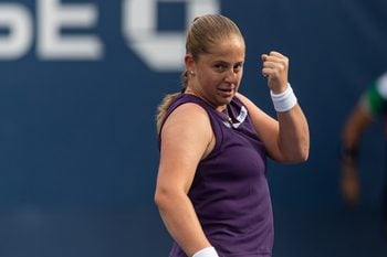 Aug 27, 2025; Flushing, NY, USA; Jelena Ostapenko of Latvia in action against Taylor Townsend of the United States in the second round of the women’s singles at the US Open at Billie Jean King National Tennis Center. Mandatory Credit: Mike Frey-Imagn Images