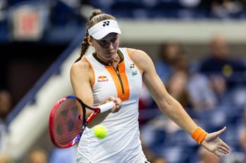 Aug 31, 2025; Flushing, NY, USA; Elena Rybakina of Kazakhstan in action against Marketa Vondrousova of Czech Republic in the fourth round of the women’s singles at the US Open at Arthur Ashe Stadium in Billie Jean King National Tennis Center. Mandatory Credit: Mike Frey-Imagn Images
