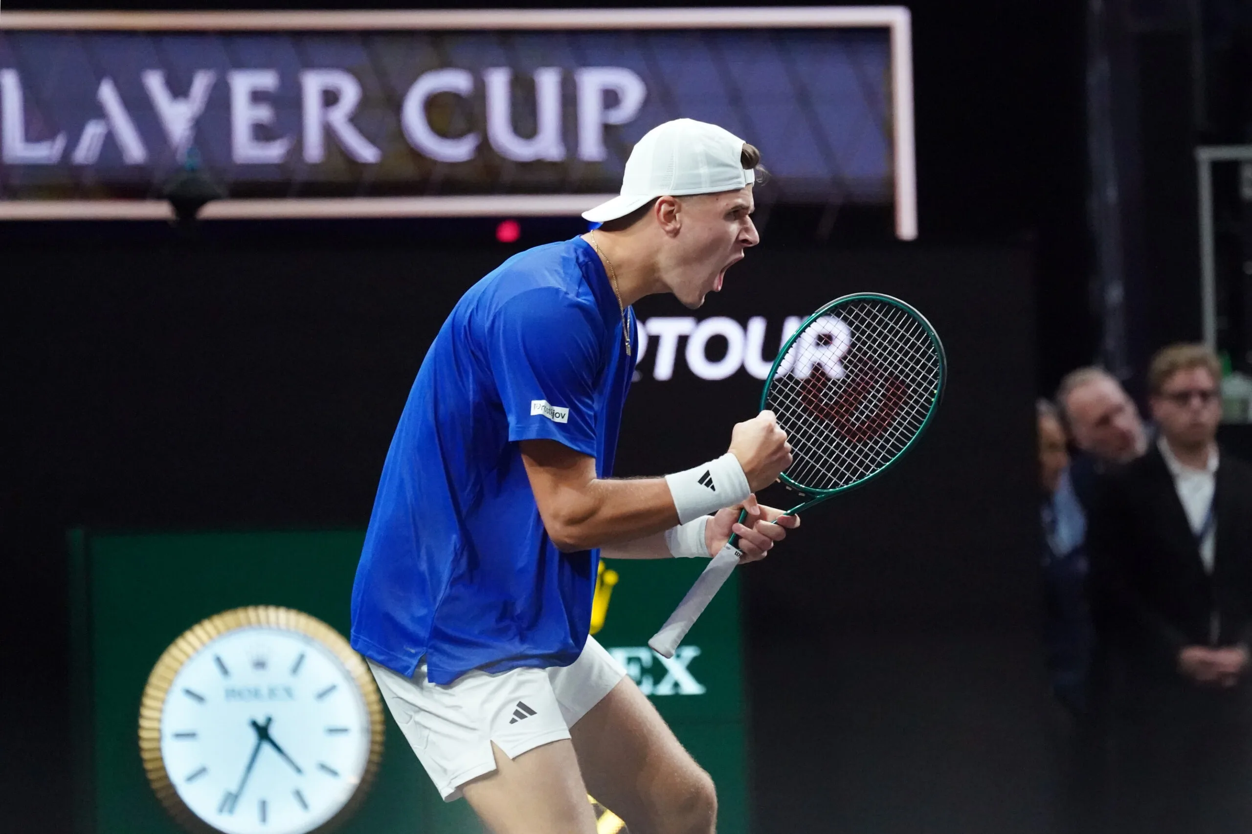 Sep 19, 2025; San Francisco, CA, USA; Team Europe player Jakub Mensik celebrates against Team World player Alex Michelsen during the Laver Cup  at Chase Center. Mandatory Credit: David Gonzales-Imagn Images