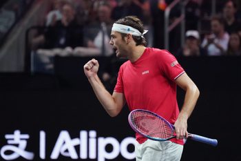 Sep 20, 2025; San Francisco, CA, USA;  Team World player Taylor Fritz celebrates after winning a point against Team Europe player Carlos Alcaraz at the Laver Cup at Chase Center. Mandatory Credit: David Gonzales-Imagn Images