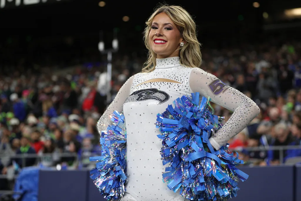 Oct 20, 2025; Seattle, Washington, USA; A Seattle Seahawks cheerleader is seen during the second quarter against the Houston Texans at Lumen Field. Mandatory Credit: Kevin Ng-Imagn Images
