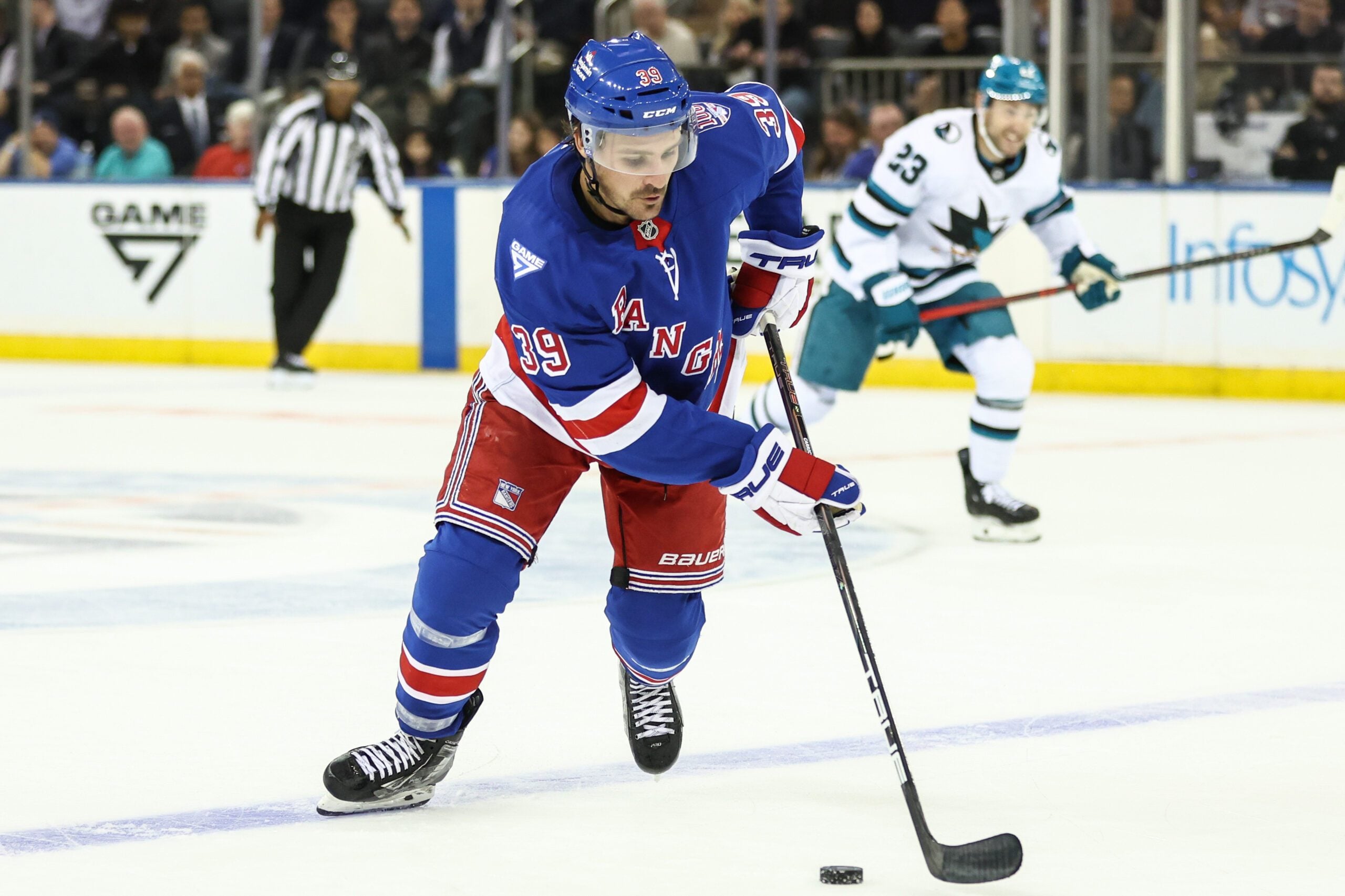 Oct 23, 2025; New York, New York, USA;  New York Rangers center Sam Carrick (39) at Madison Square Garden. Mandatory Credit: Wendell Cruz-Imagn Images
