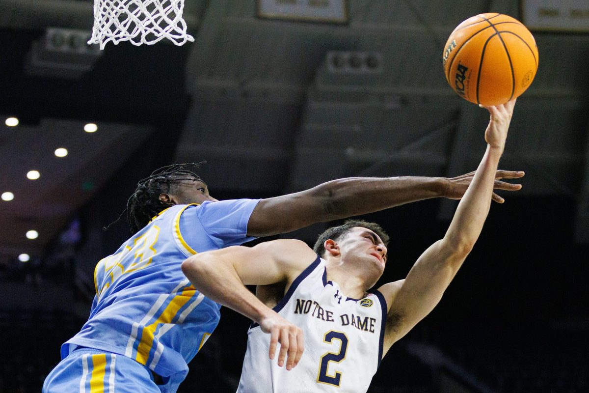 LIU forward Jamal Fuller, left, fouls Notre Dame guard Logan Imes (2) during a NCAA basketball game at Purcell Pavilion on Monday, Nov. 3, 2025, in South Bend.
