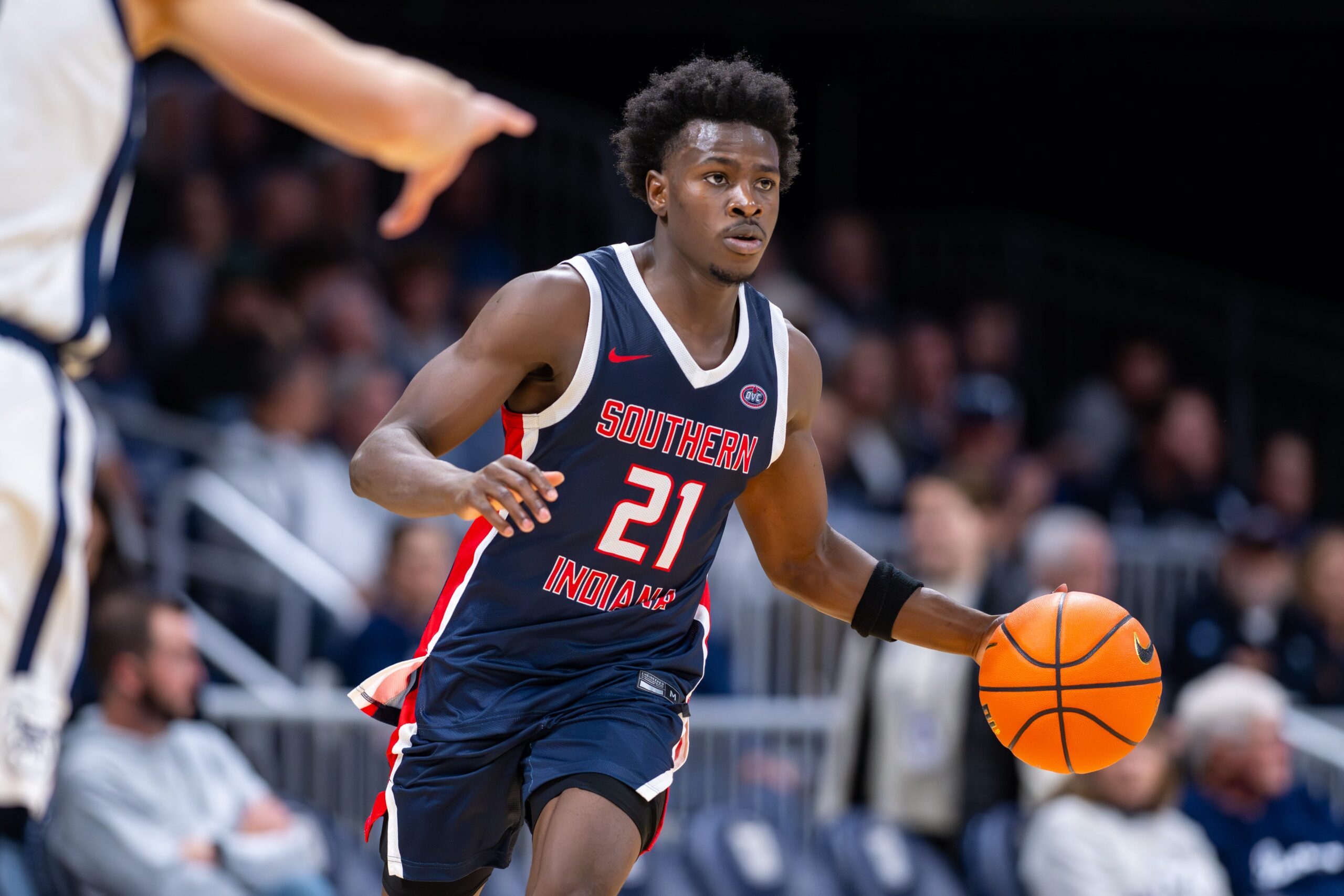 Southern Indiana Screaming Eagles guard Ismail Habib (21) during the second half of an NCAA basketball game against the Butler Bulldogs, Wednesday, Nov. 5, 2025, at Hinkle Fieldhouse.