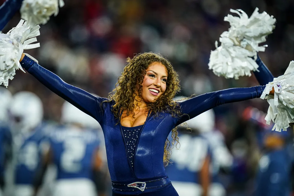 Nov 13, 2025; Foxborough, Massachusetts, USA; New England Patriots cheerleader during a break against the New York Jets in the fourth quarter at Gillette Stadium. Mandatory Credit: David Butler II-Imagn Images
