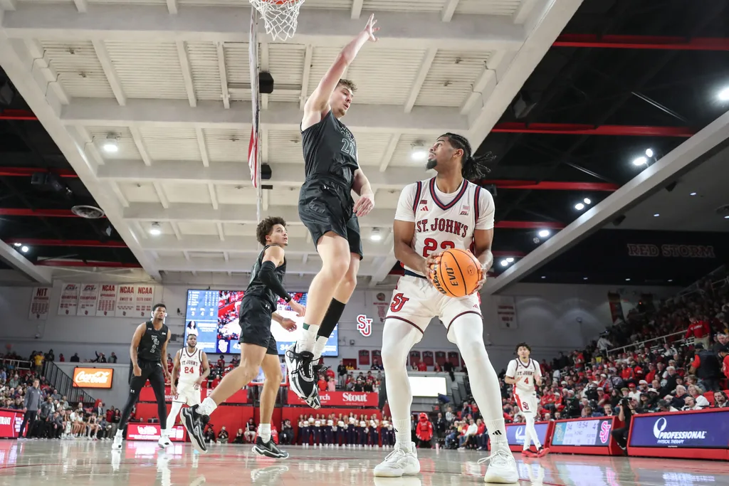 Nov 15, 2025; Queens, New York, USA; St. John's Red Storm forward Bryce Hopkins (23) looks to post up against William & Mary Tribe forward Kilian Brockhoff (22) in the second half at Carnesecca Arena. Mandatory Credit: Wendell Cruz-Imagn Images