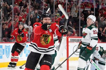Nov 26, 2025; Chicago, Illinois, USA; Chicago Blackhawks center Connor Bedard (98) celebrates his gaol against the Minnesota Wild during the second period at United Center. Mandatory Credit: David Banks-Imagn Images