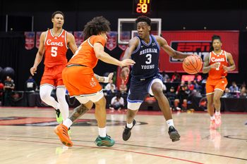 Nov 27, 2025; Kissimmee, Florida, USA; Brigham Young University Cougars forward AJ Dybantsa (3) drives to the hoop against the Miami (FL) Hurricanes in the second half at State Farm Field House. Mandatory Credit: Nathan Ray Seebeck-Imagn Images