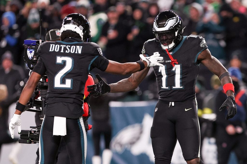 Nov 28, 2025; Philadelphia, Pennsylvania, USA; Philadelphia Eagles wide receiver A.J. Brown (11) celebrates a touchdown against the Chicago Bears with wide receiver Jahan Dotson (2) during the third quarter of the game at Lincoln Financial Field. Mandatory Credit: Bill Streicher-Imagn Images