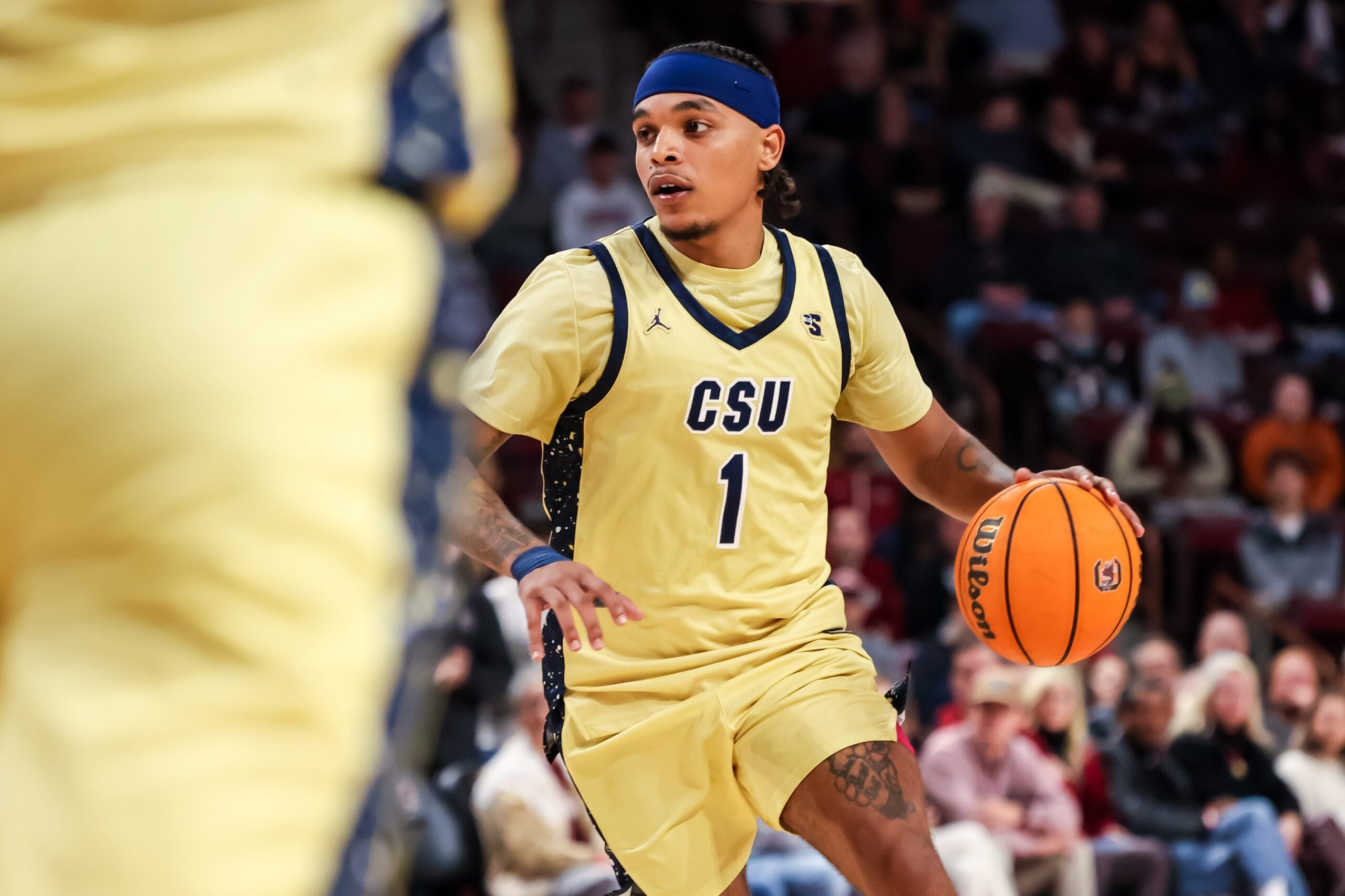 Nov 28, 2025; Columbia, South Carolina, USA; Charleston Southern Buccaneers guard A'Lahn Sumler (1) drives against the South Carolina Gamecocks in the second half at Colonial Life Arena. Mandatory Credit: Jeff Blake-Imagn Images