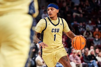 Nov 28, 2025; Columbia, South Carolina, USA; Charleston Southern Buccaneers guard A'Lahn Sumler (1) drives against the South Carolina Gamecocks in the second half at Colonial Life Arena. Mandatory Credit: Jeff Blake-Imagn Images