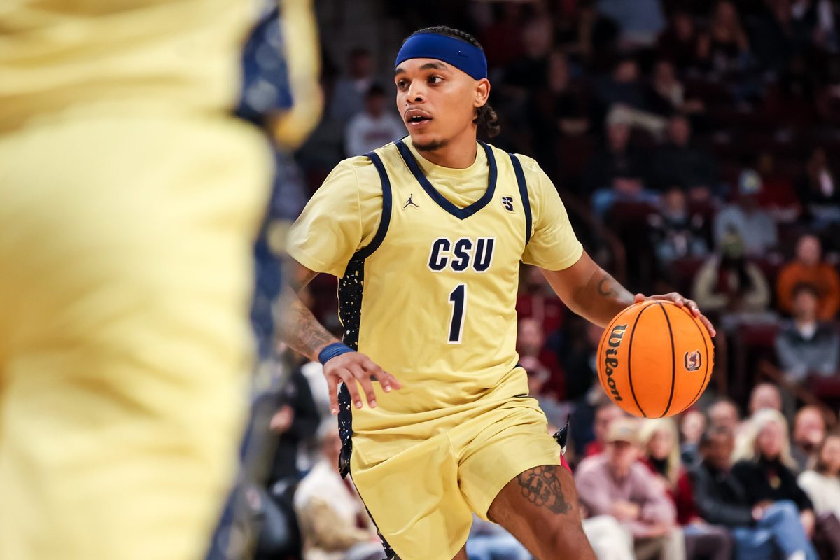 Nov 28, 2025; Columbia, South Carolina, USA; Charleston Southern Buccaneers guard A'Lahn Sumler (1) drives against the South Carolina Gamecocks in the second half at Colonial Life Arena. Mandatory Credit: Jeff Blake-Imagn Images