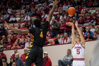 Indiana's Conor Enright (5) shoots a three-pointer during the Indiana versus Bethune-Cookman men's basketball game at Simon Skjodt Assembly Hall on Saturday, Nov. 29, 2025.