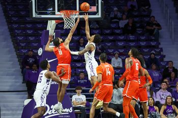 Dec 1, 2025; Manhattan, Kansas, USA; Kansas State Wildcats guard P.J. Haggerty (4) shoots against Bowling Green Falcons guard Javon Ruffin (11) during the second half at Bramlage Coliseum. Mandatory Credit: Scott Sewell-Imagn Images