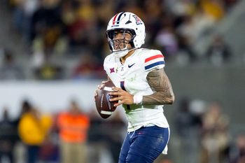 Nov 28, 2025; Tempe, Arizona, USA; Arizona Wildcats quarterback Noah Fifita (1) against the Arizona State Sun Devils during the 99th Territorial Cup at Mountain America Stadium. Mandatory Credit: Mark J. Rebilas-Imagn Images