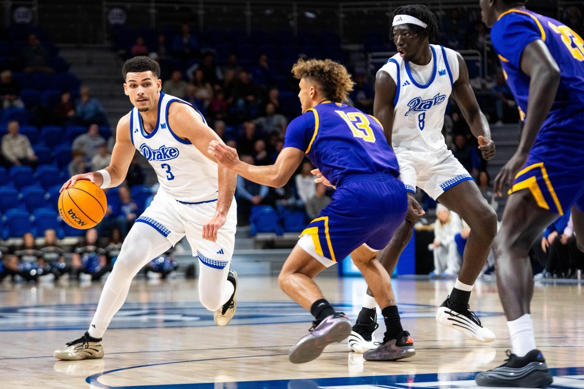 Drake’s Jalen Quinn (3) drives into the paint against Western Illinois on Dec. 2, 2025, at the Knapp Center in Des Moines.