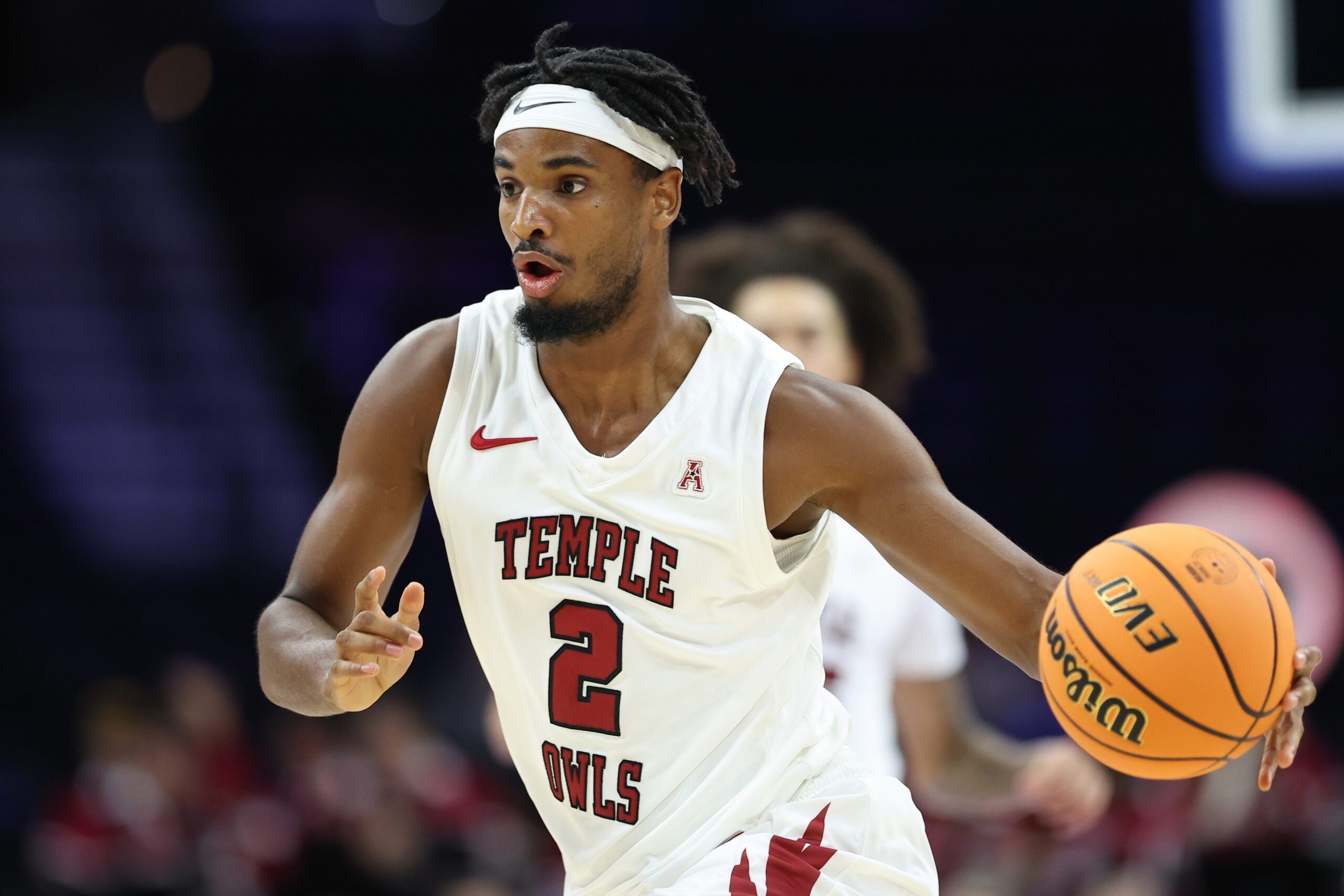 Dec 6, 2025; Philadelphia, PA, USA; Temple Owls guard Ayuba Bryant Jr. (2) drives against the Saint Joseph's Hawks during the second half at Xfinity Mobile Arena. Mandatory Credit: Bill Streicher-Imagn Images