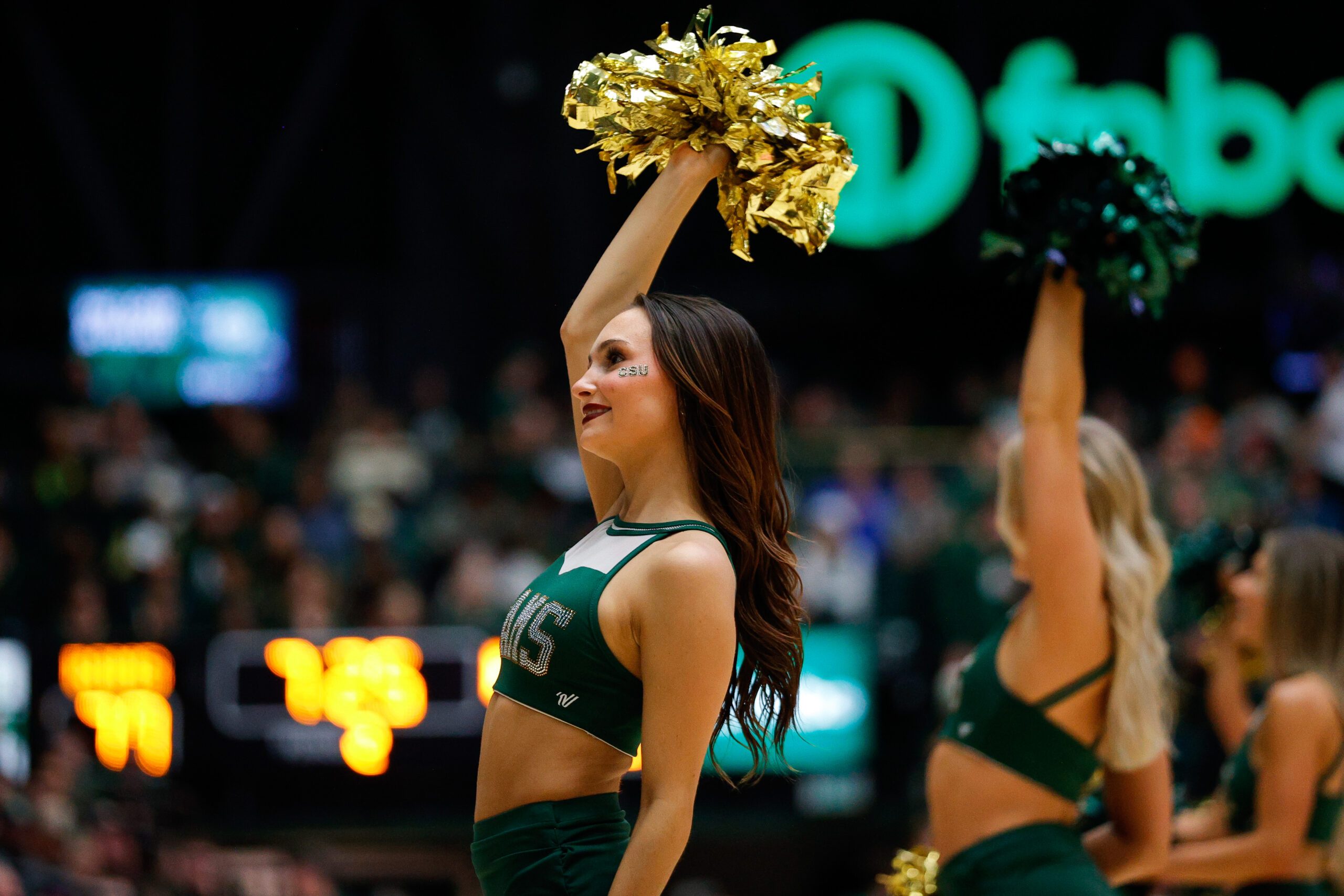 Dec 6, 2025; Fort Collins, Colorado, USA; Colorado State Rams cheerleaders in the second half against the Colorado Buffaloes at Moby Arena. Mandatory Credit: Isaiah J. Downing-Imagn Images