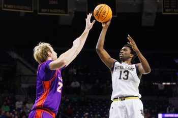 Notre Dame guard Sir Mohammed (13) shoots the ball during a NCAA men's basketball game against Evansville at Purcell Pavilion on Saturday, Dec. 13, 2025, in South Bend.
