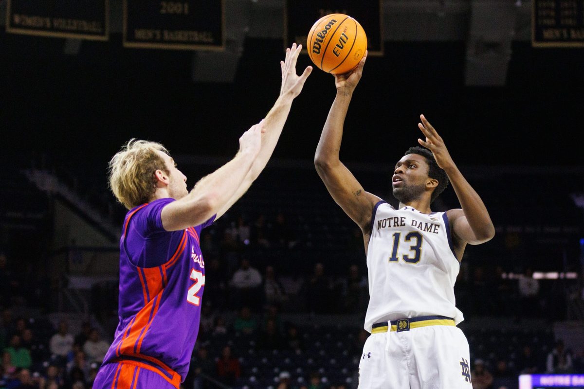 Notre Dame guard Sir Mohammed (13) shoots the ball during a NCAA men's basketball game against Evansville at Purcell Pavilion on Saturday, Dec. 13, 2025, in South Bend.