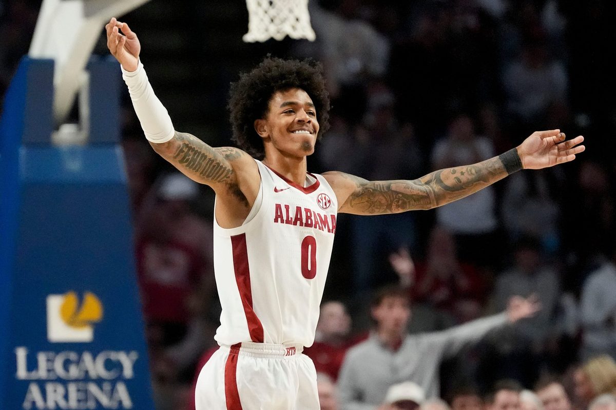 Dec 13, 2025; Birmingham, AL, USA; Alabama guard Labaron Philon Jr. (0) celebrates a three pointer against Arizona at Legacy Arena. Mandatory Credit: Gary Cosby Jr.-Tuscaloosa News