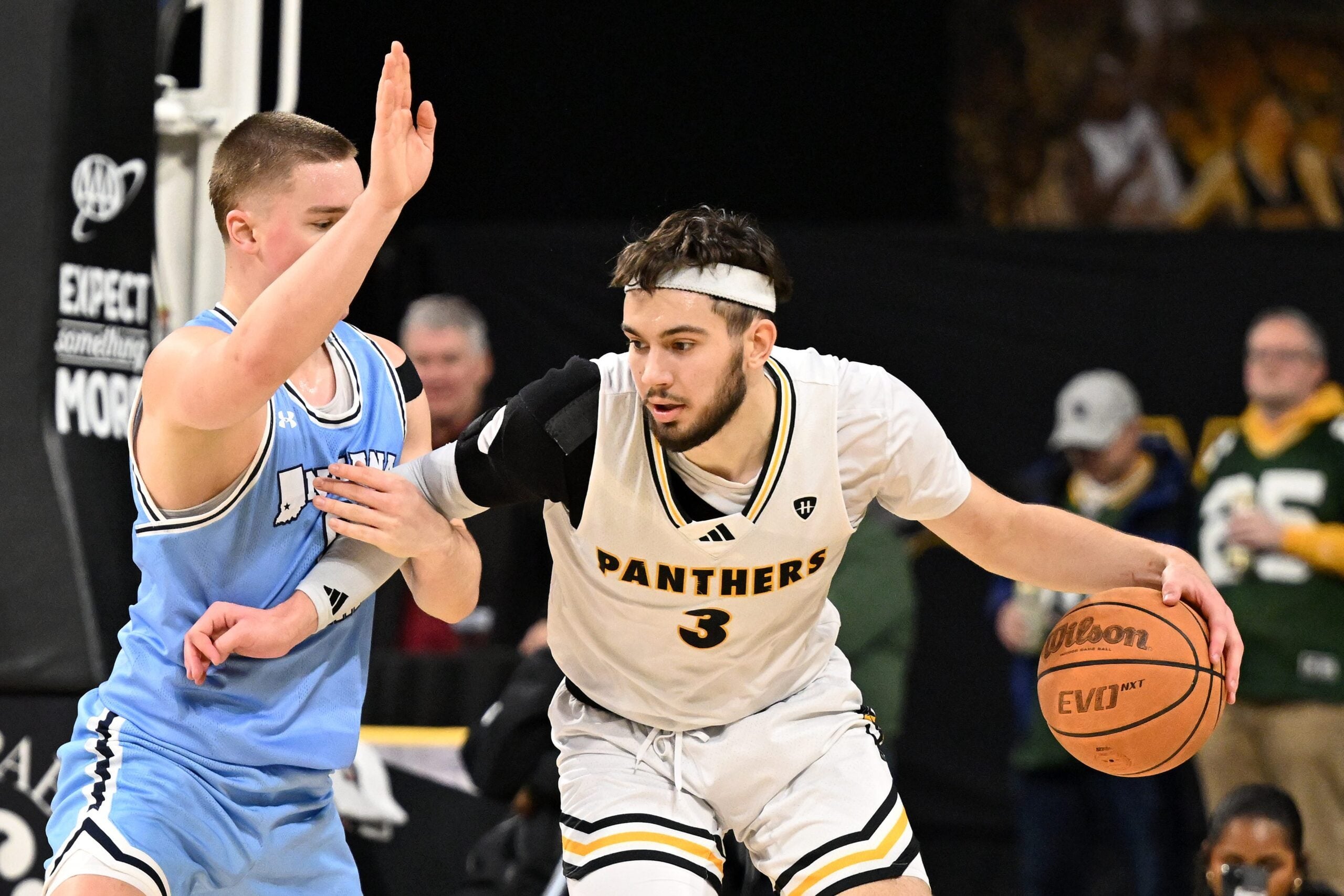 UW-Milwaukee forward Danilo Jovanovich (3) looks for a way around the defense of Indiana State guard Jo Van Buggenhout (6) in a game Sunday, December 14, 2025, at the UWM Panther Arena in Milwaukee, Wisconsin.