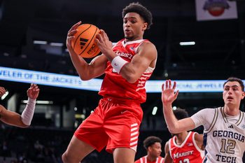 Dec 16, 2025; Atlanta, Georgia, USA; Marist Red Foxes guard Jadin Collins-Roberts (0) grabs a rebound against the Georgia Tech Yellow Jackets in the second half at McCamish Pavilion. Mandatory Credit: Brett Davis-Imagn Images