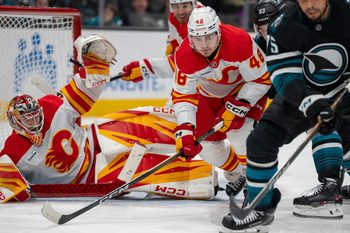 Dec 16, 2025; San Jose, California, USA; San Jose Sharks right wing Ryan Reaves (75) and Calgary Flames defenseman Hunter Brzustewicz (48) battle for position in front of the net during the second period at SAP Center at San Jose. Mandatory Credit: Neville E. Guard-Imagn Images