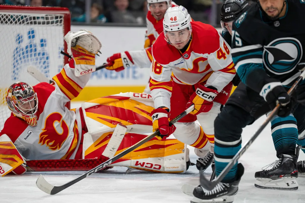 Dec 16, 2025; San Jose, California, USA; San Jose Sharks right wing Ryan Reaves (75) and Calgary Flames defenseman Hunter Brzustewicz (48) battle for position in front of the net during the second period at SAP Center at San Jose. Mandatory Credit: Neville E. Guard-Imagn Images