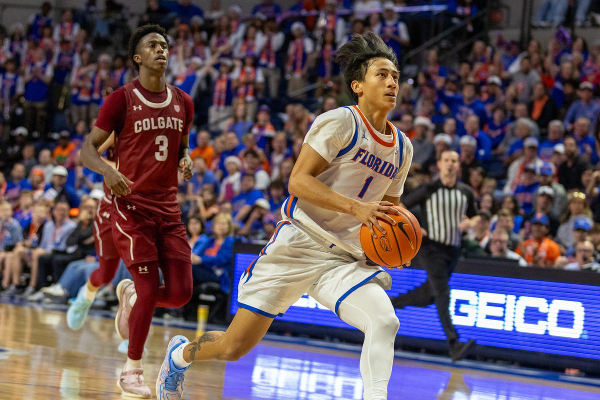 Florida guard Xaivian Lee (1) drives for the basket during the second half of an NCAA mens basketball game at Steven C. O'Connell Center Exactek arena in Gainesville, FL on Sunday, December 21, 2025. Florida won 90-60. [Alan Youngblood/Gainesville Sun]