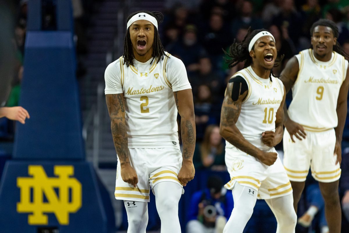 Dec 21, 2025; South Bend, Indiana, USA; Purdue Fort Wayne Mastodons guard Mikale Stevenson (2) and Purdue Fort Wayne Mastodons guard Corey Hadnot II (10) celebrate against the Notre Dame Fighting Irish during the second half at Purcell Pavilion at the Joyce Center. Mandatory Credit: Michael Caterina-Imagn Images