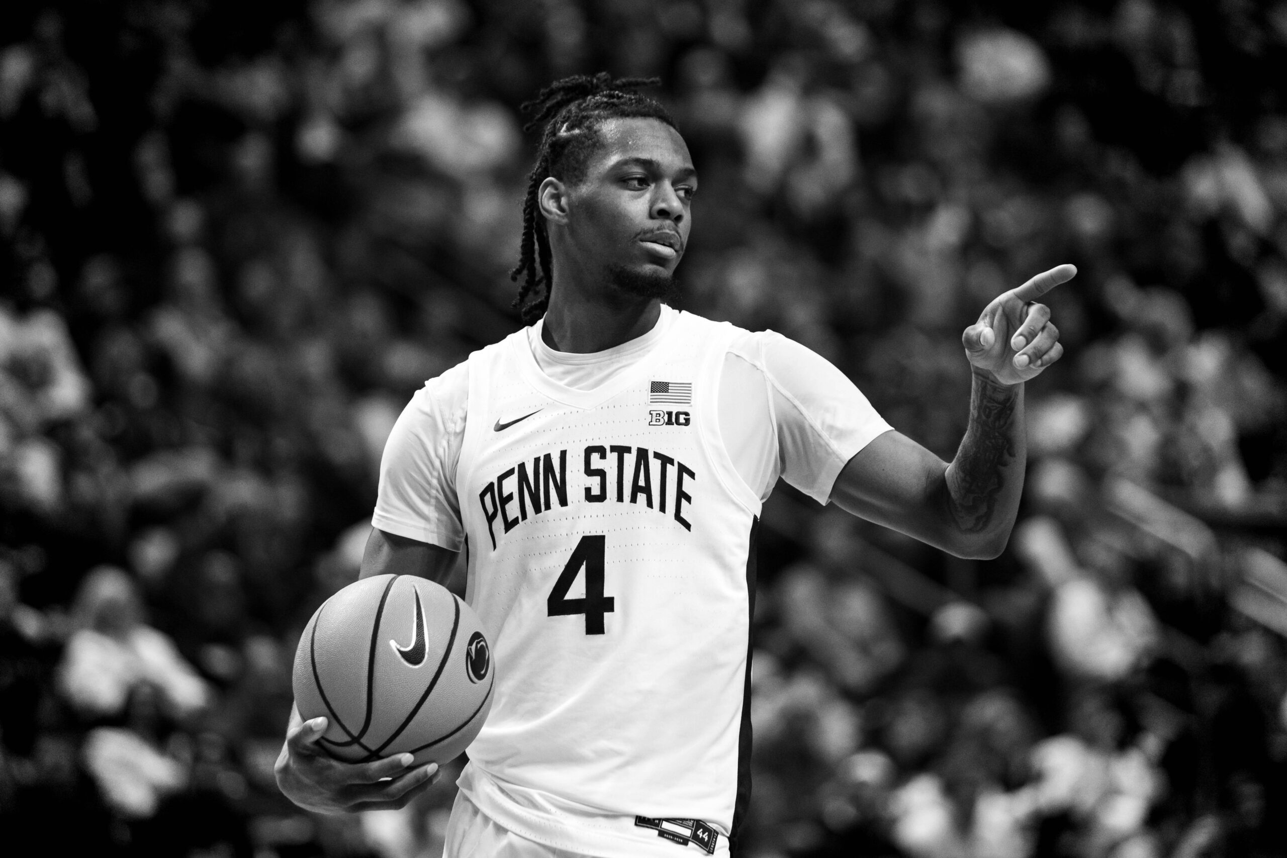 Penn State's Kayden Mingo (4) points to his coach inside the Giant Center in Hershey, Pa. on Dec. 21, 2025.