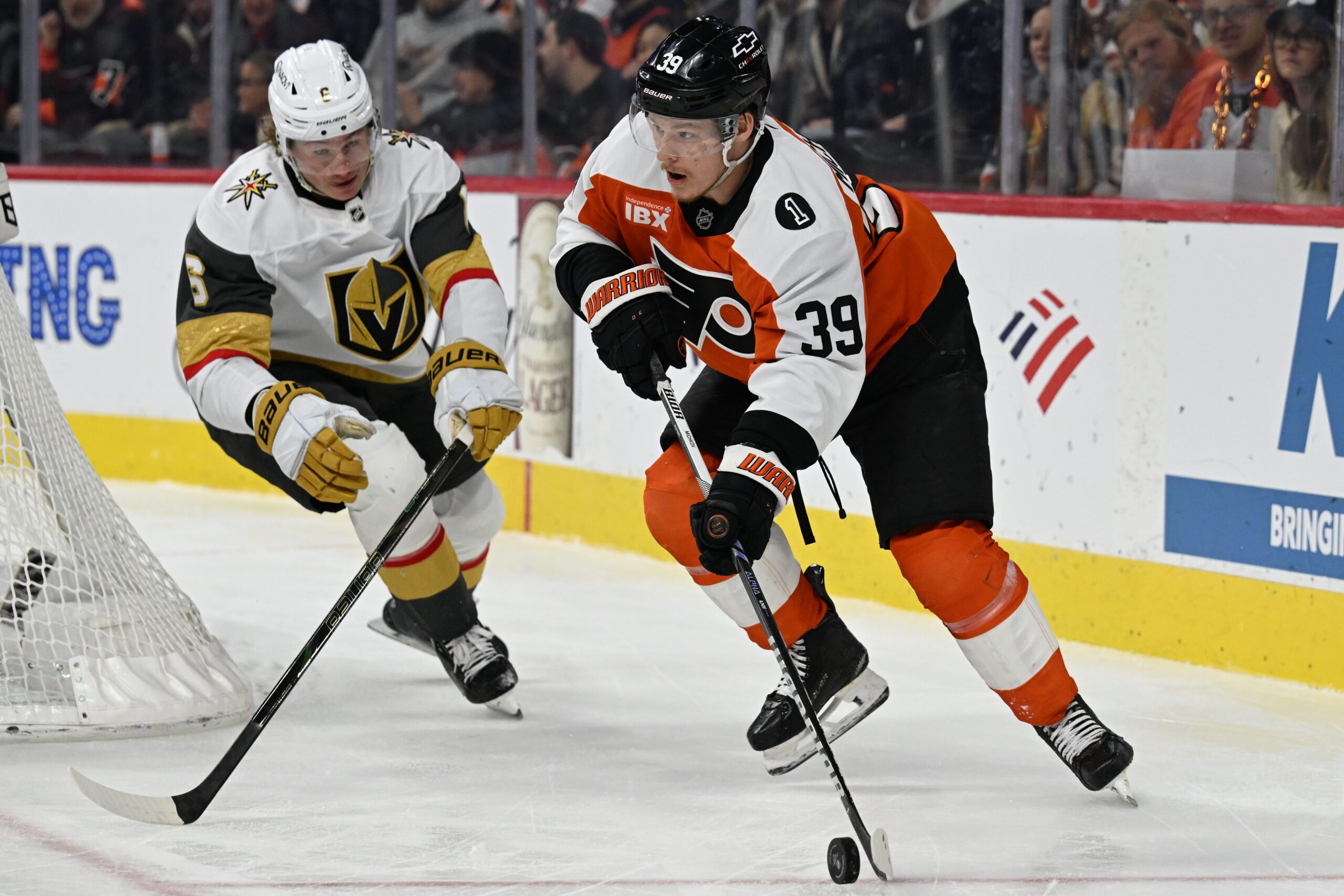 Dec 11, 2025; Philadelphia, Pennsylvania, USA; Philadelphia Flyers right wing Matvei Michkov (39) against the Vegas Golden Knights defenseman Kaedan Korczak (6) at Xfinity Mobile Arena. Mandatory Credit: Eric Hartline-Imagn Images