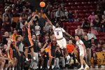 ASU Sun Devils guard Moe Odum (5) defends a shot by Oregon State Beavers guard Josiah Lake II (2) at Desert Financial Arena in Tempe on Dec. 21, 2025.