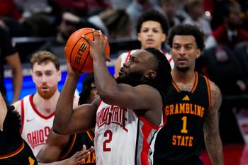 Ohio State Buckeyes guard Bruce Thornton (2) shoots the ball against the Grambling State Tigers in the second half of the NCAA men’s basketball game Value City Arena on Tuesday, Dec. 23, 2025 in Columbus, Ohio.