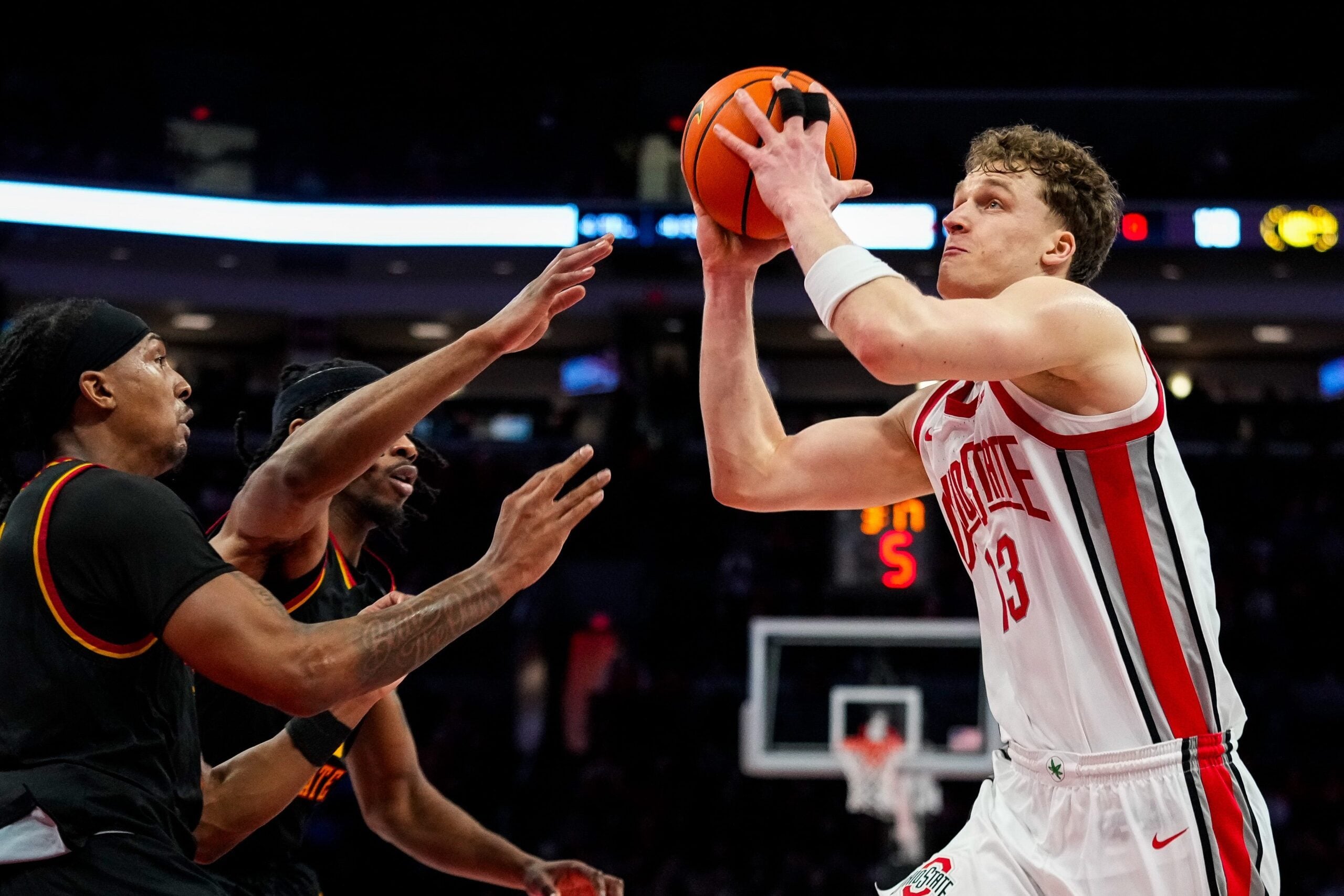 Ohio State Buckeyes center Christoph Tilly (13) drives the ball to the basket against the Grambling State Tigers in the first half of the NCAA men’s basketball game Value City Arena on Tuesday, Dec. 23, 2025 in Columbus, Ohio.