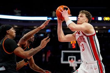 Ohio State Buckeyes center Christoph Tilly (13) drives the ball to the basket against the Grambling State Tigers in the first half of the NCAA men’s basketball game Value City Arena on Tuesday, Dec. 23, 2025 in Columbus, Ohio.