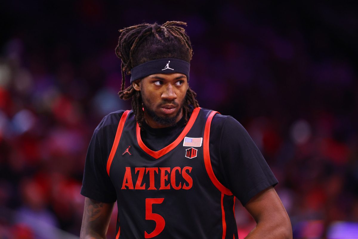 Dec 20, 2025; Phoenix, Arizona, USA; San Diego State Aztecs forward Pharaoh Compton (5) against the Arizona Wildcats during the Hall of Fame Series at Mortgage Matchup Center. Mandatory Credit: Mark J. Rebilas-Imagn Images