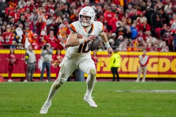 Dec 25, 2025; Kansas City, Missouri, USA; Denver Broncos quarterback Bo Nix (10) runs the ball during the fourth quarter at GEHA Field at Arrowhead Stadium. Mandatory Credit: Denny Medley-Imagn Images