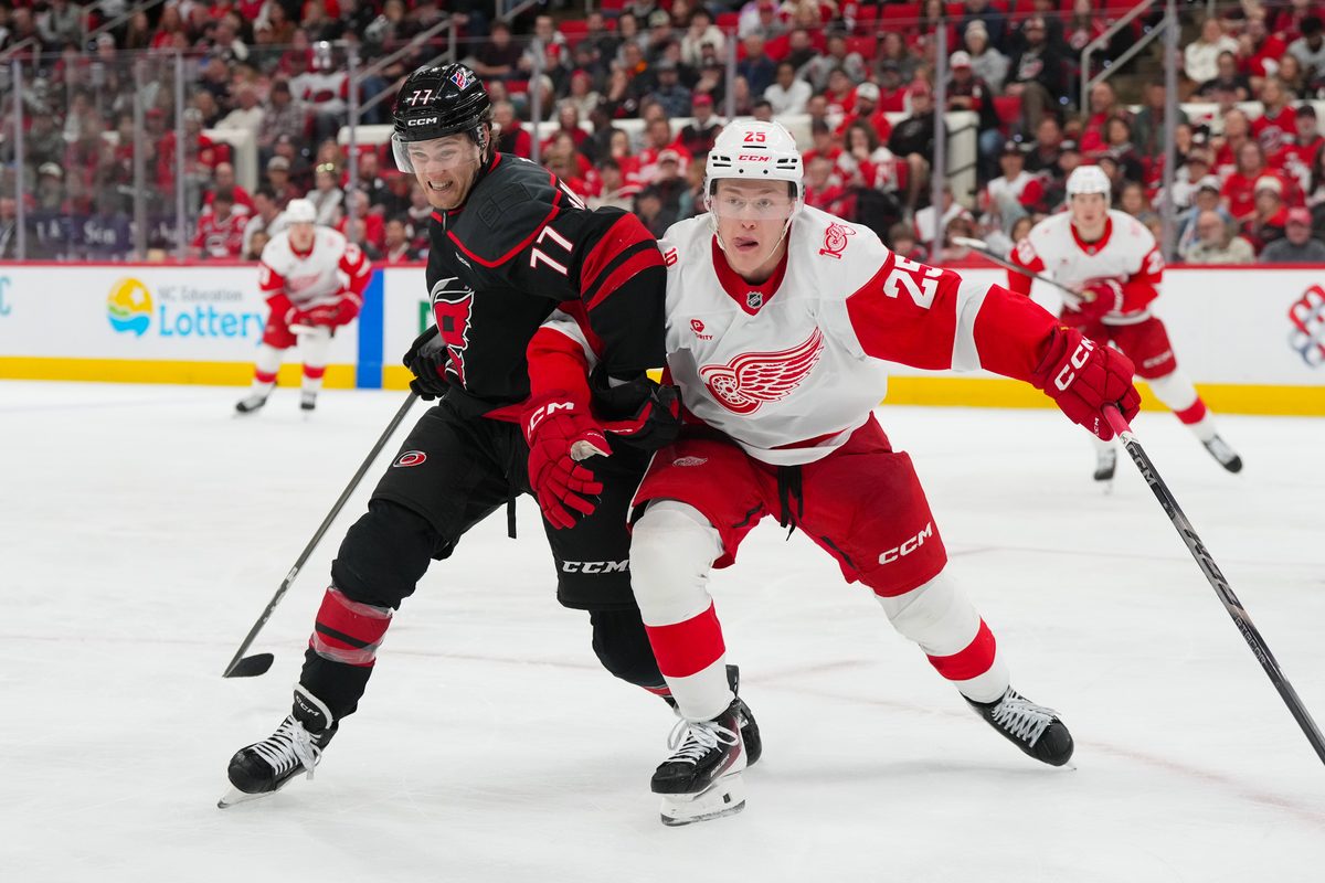 Dec 27, 2025; Raleigh, North Carolina, USA; Carolina Hurricanes center Jesperi Kotkaniemi (82) and Detroit Red Wings defenseman Jacob Bernard-Docker (25) battle for position during the third period at Lenovo Center. Mandatory Credit: James Guillory-Imagn Images
