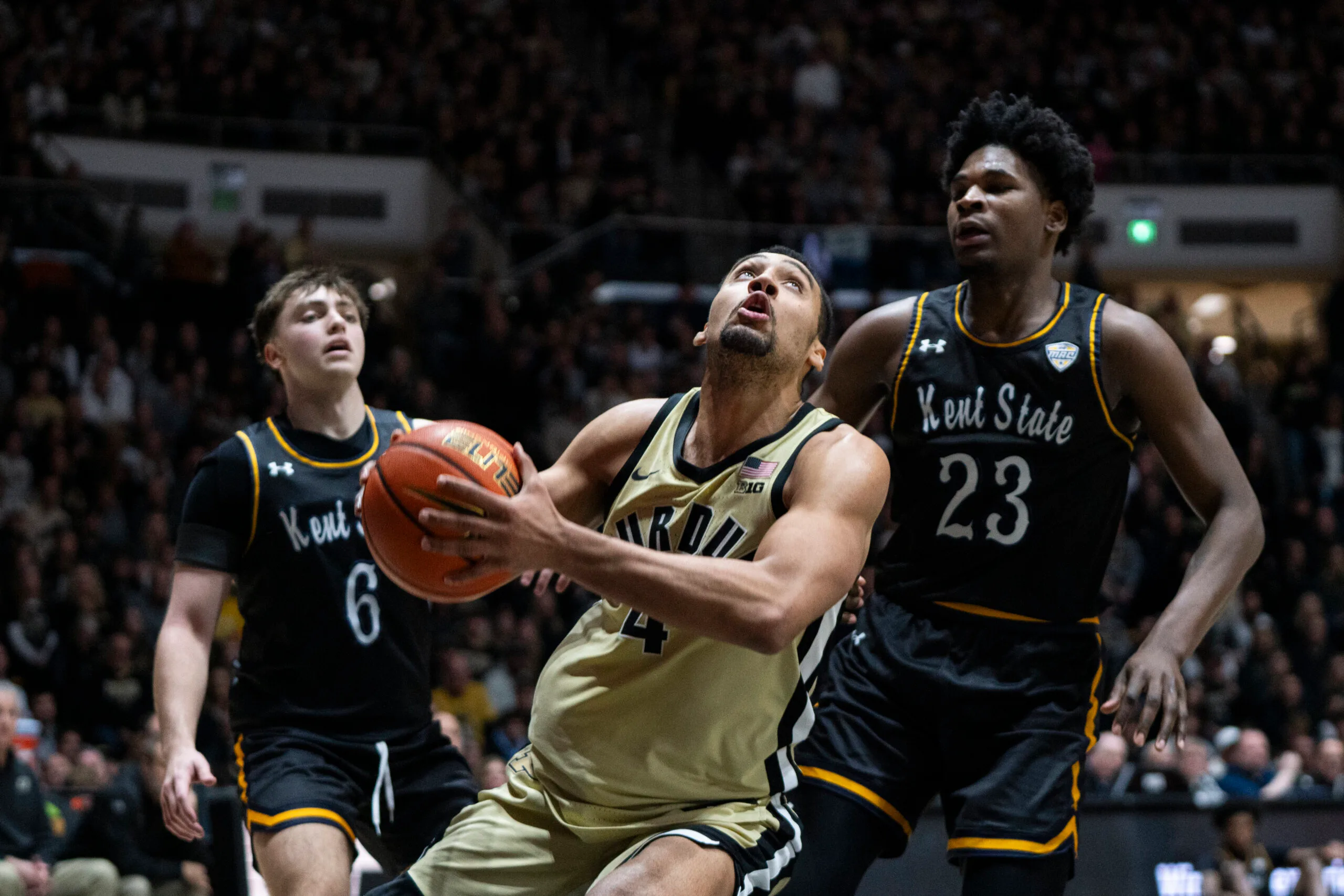Dec 29, 2025; West Lafayette, Indiana, USA; Purdue Boilermakers forward Trey Kaufman-Renn (4) looks to shoot the ball during the second half against the Kent State Golden Flashes at Mackey Arena. Mandatory Credit: Jacob Musselman-Imagn Images