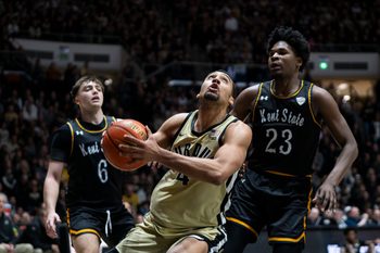 Dec 29, 2025; West Lafayette, Indiana, USA; Purdue Boilermakers forward Trey Kaufman-Renn (4) looks to shoot the ball during the second half against the Kent State Golden Flashes at Mackey Arena. Mandatory Credit: Jacob Musselman-Imagn Images
