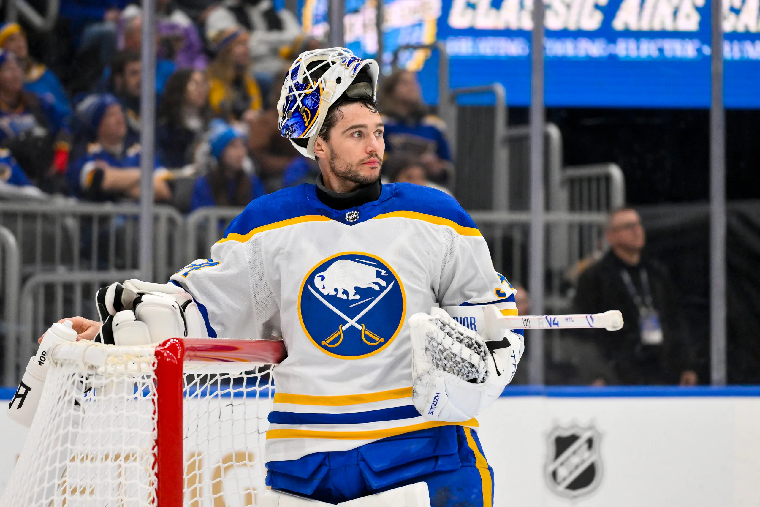Dec 29, 2025; St. Louis, Missouri, USA; Buffalo Sabres goaltender Alex Lyon (34) looks on during the second period against the St. Louis Blues at Enterprise Center. Mandatory Credit: Jeff Curry-Imagn Images