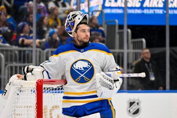 Dec 29, 2025; St. Louis, Missouri, USA; Buffalo Sabres goaltender Alex Lyon (34) looks on during the second period against the St. Louis Blues at Enterprise Center. Mandatory Credit: Jeff Curry-Imagn Images