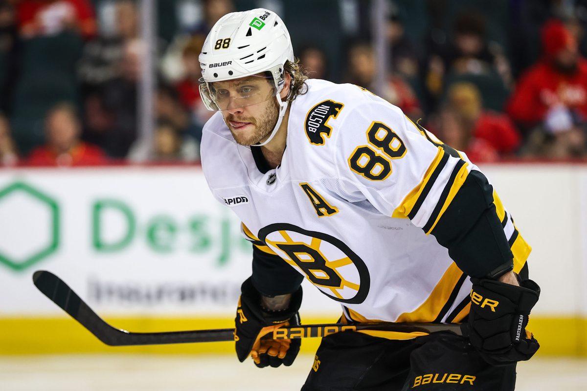 Dec 29, 2025; Calgary, Alberta, CAN; Boston Bruins right wing David Pastrnak (88) during the third period against the Calgary Flames at Scotiabank Saddledome. Mandatory Credit: Sergei Belski-Imagn Images