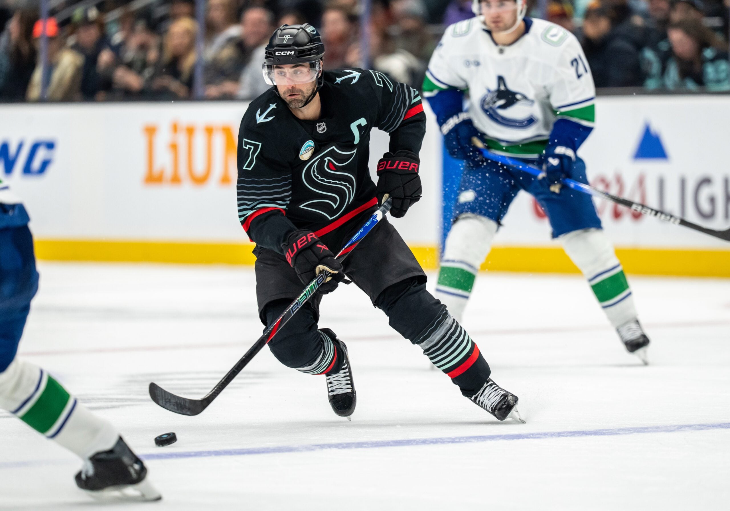 Dec 29, 2025; Seattle, Washington, USA; Seattle Kraken forward Jordan Eberle (7) skates with the puck during the third period against the Vancouver Canucks at Climate Pledge Arena. Mandatory Credit: Stephen Brashear-Imagn Images