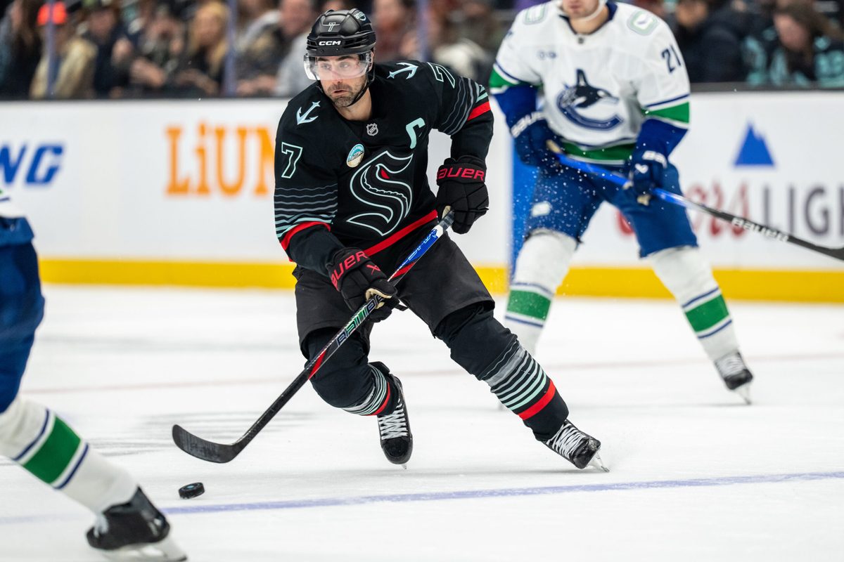 Dec 29, 2025; Seattle, Washington, USA; Seattle Kraken forward Jordan Eberle (7) skates with the puck during the third period against the Vancouver Canucks at Climate Pledge Arena. Mandatory Credit: Stephen Brashear-Imagn Images