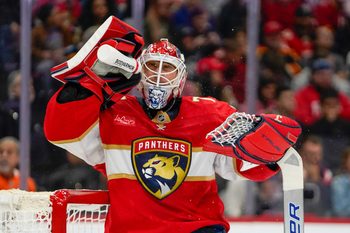 Dec 27, 2025; Sunrise, Florida, USA; Florida Panthers goaltender Sergei Bobrovsky (72) takes a water break in a game against the Florida Panthers during the second period at Amerant Bank Arena. Mandatory Credit: Jeff Romance-Imagn Images