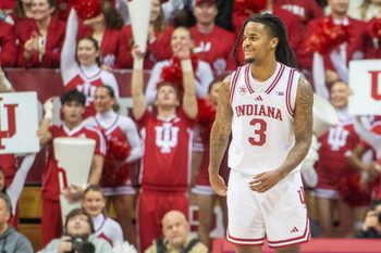 Indiana's Lamar Wilkerson (3) smiles after setting the scoring record during the Indiana versus Penn State men's basketball game at Simon Skjodt Assembly Hall on Tuesday, Dec. 9, 2025.