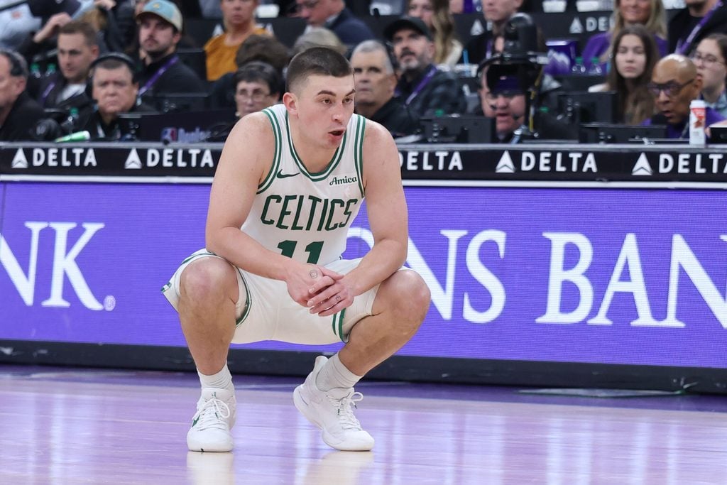 Dec 30, 2025; Salt Lake City, Utah, USA; Boston Celtics guard Payton Pritchard (11) waits for play to resume against the Utah Jazz during the second half at Delta Center. Mandatory Credit: Rob Gray-Imagn Images